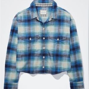 American Eagle Blue Cropped Flannel